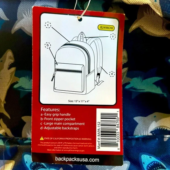 New Backpack Moda West Blue Grey Shark Theme School bag - Picture 6 of 6